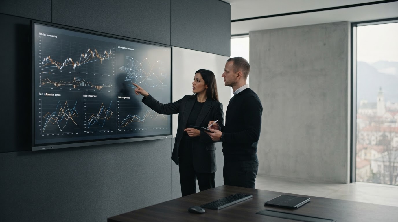 Analitika, ki preučujeta finančne grafikone na velikem zaslonu